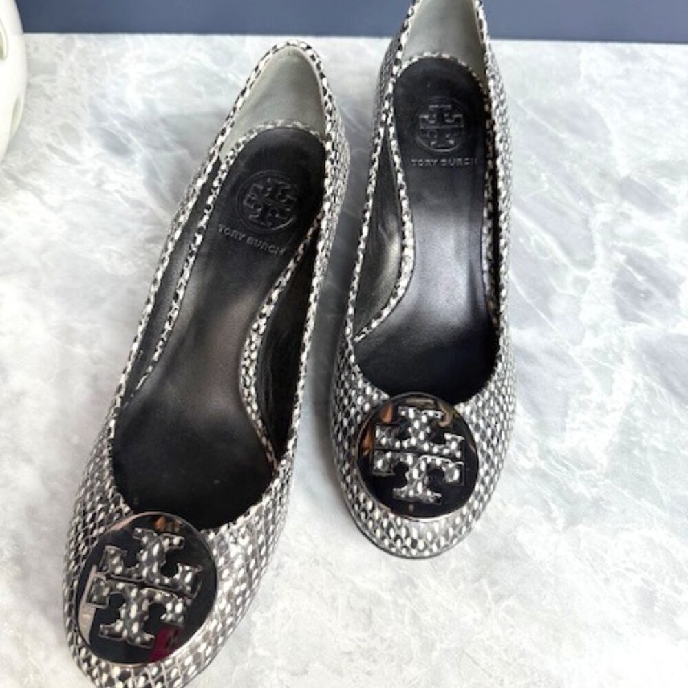 Tory Burch Sally Wedge Polka Dot Snakeskin RARE (Black & White & Pewter)